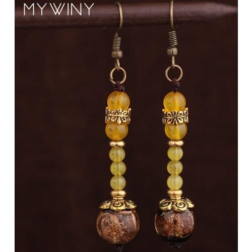 Handmade nature stones vintage Tibetan glassed glazed exotic earrings ,New Original jewelry earrings yellow