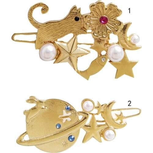 Planet Hairpin Styling Side Bangs Barrette Minimalist Sweet Girls Women Metallic Hair Clip Faux Pearl Rhinestone Drawbench Cat