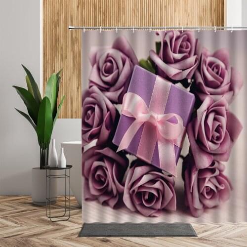 Valentine Gift Box Pattern Shower Curtains Set Purple Rose Flower Printed Girl Bath Room Decor Waterproof Cloth Bathroom Curtain