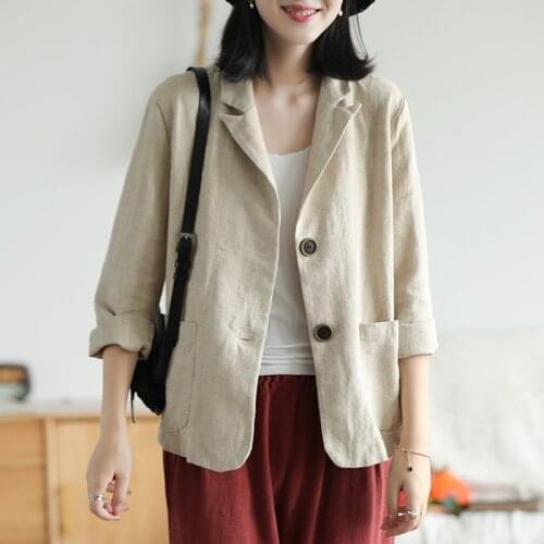 Women Cotton Linen Casual Blazer Jackets New 2021 Spring Simple Style Vintage Solid Color Loose Female Outerwear Coats