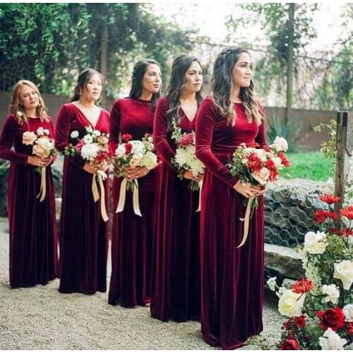 Elegant Long Sleeve Mermaid Burgundy Velvet Bridesmaid Dresses Floor Length Custom Made Zipper Formal Wedding Party Dresses