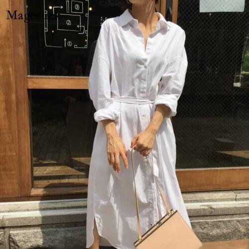 Fashion 2021 New Autumn Tide White Turn-down Collar Dress Single Breasted Pockets Long Sleeve Sashes Woman Long Dress Robe 12806
