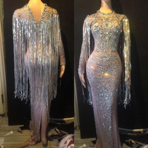 Women Long Sleeves Prom Wedding Floor Length Rhinestones Dress Crystals Long Tassel Party Bodycon Dress Singer Stage Dress