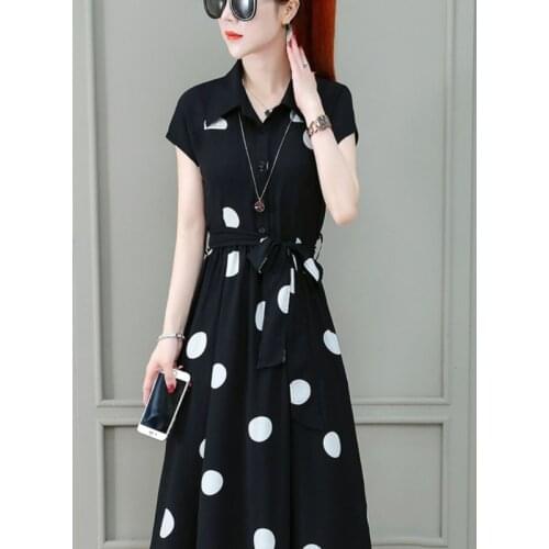 Womens Office Party Dress Short Sleeve T Shirt Korean Foreign Style Chiffon Polka Dot Women Summer Clothing 2021 Casual Dresses