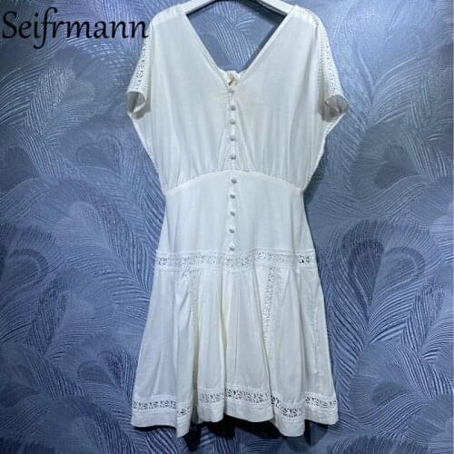 Seifrmann New 2021 Summer Women Fashion Designer Party Midi Dress Short Sleeve High Waist Hollow Out Bow White Printed Dresses