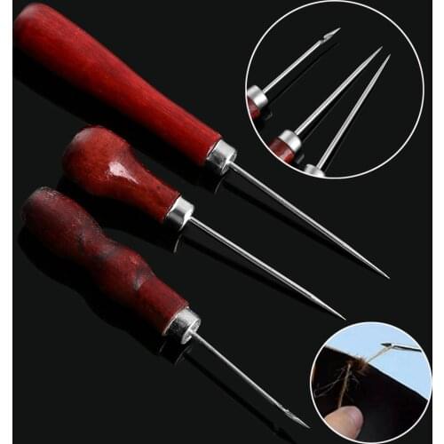 1Pc Wooden Handle DIY Leather Tent Sewing Awl Pin Punch Hole Repair Tool Hand Stitcher Leathercraft Needle Handmade Accessories