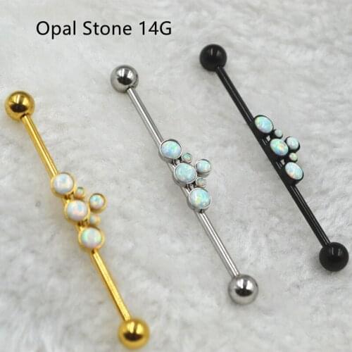 10pcs14g~1.6mm Opal Stone Ear Straight Helix Scaffold Long Barbells Industrial Bar Body Jewelry Ear Piercing