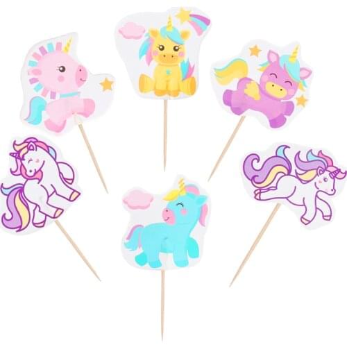 48pcs Cartoon Unicorn Party Cupcake Topper Happy Birthday Party Baby Shower Children Party Decor Kids Cake Decor Supplies