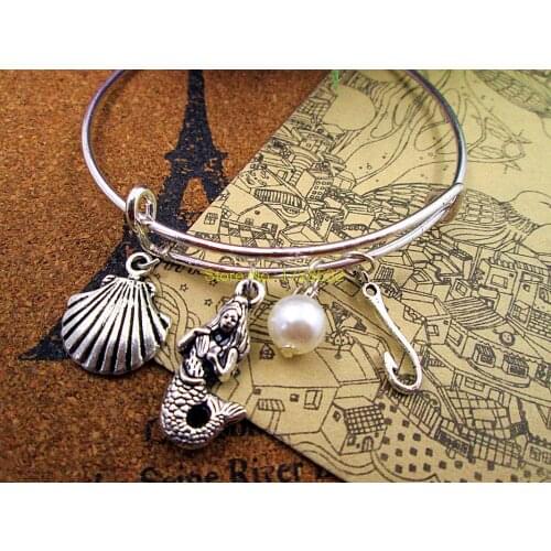 3pcs/lot Hot sale 65mm bracelets bangles with mermaid,seashell,bead,Hooks,charms, pendant