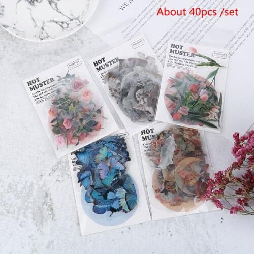 40pcs Travel Stickers Vintage Retro Green Plants Flowers Paper Stationery Stickers Decorations Diary Albums
