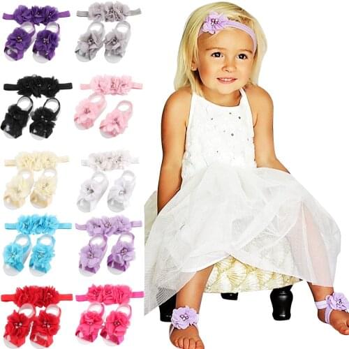 5sets/lot Newborn Barefoot Sandals Flower Headband Princess Pearl Rhinestone Headband Elastic Flower Hair Bands