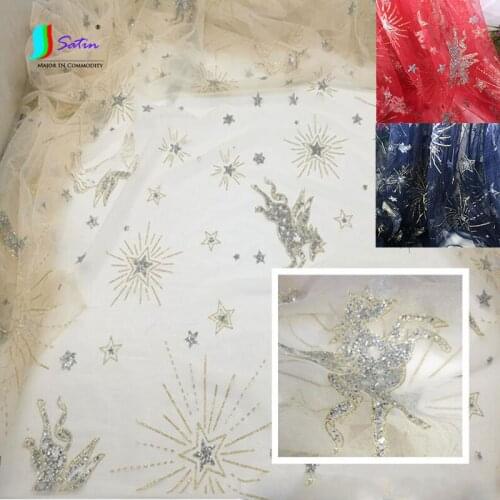 Red,Champagne,Navy Blue Star Moon Space Fly Horse Shiny Glitter Dress Party Decoration Sew Material Tulle Mesh Fabric S0917L