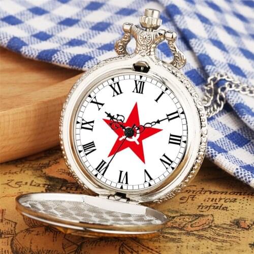 CCCP Souvenir Antique Quartz Pocket Watch Red Star Hammer and Sickle Roman Numeral Dial Necklace Pendant Necklace Pocket Clock