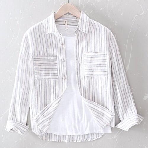 Mens 100% Linen Shirts Long Sleeve Slim Fit Striped Dress Shirt Men Breathable Social Business Shirts Male Camisa Tops TS-541