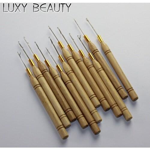 Bamboo Pulling Needle 12pcs Dozen Wooden Handle Hook Loop Threader Micro Rings Applicator For Tubes Beads Cold Fusion Hair