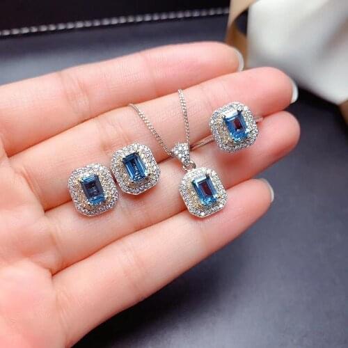 Classic square Occipital S925 silver natural blue topaz ring Pendant earring natural gemstone jewelry set for woman party gift