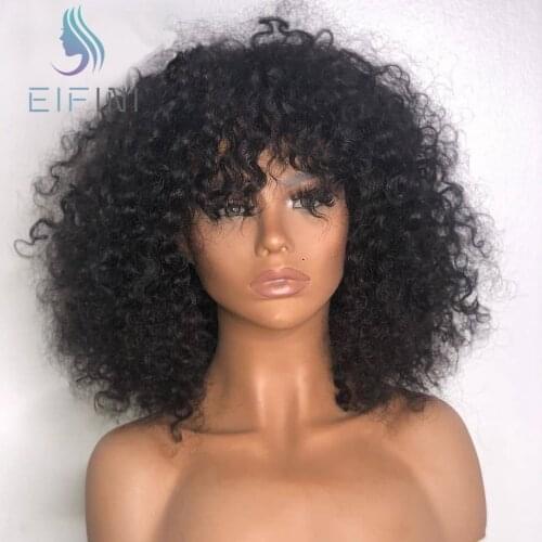 Kinky Curly Full Machine Made Human Hair Wigs For Black Women Natural Color 250 Density Thick Hair Afro Curly Wigs With Bangs