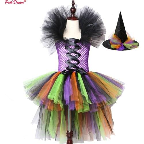 POSH DREAM Purple Green Halloween Children Cosplay Witch Tutu Dress with Hat Tulle Girls Role Palying Halloween Party Tutu Dress