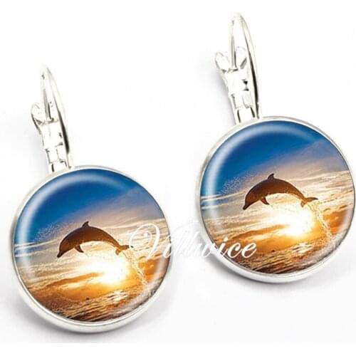 Fashion Dolphin Photo Earrings Cabochon Glass Dome Art Print Handmade Ocean Jewelry For Women Men Gift