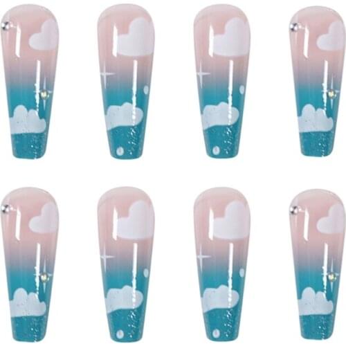 24Pcs Gorgeous Press on Nails Long-Gradient Coffin Fake Nails Blue Cloud Wearable False Nails for Women and Girls Nail Art Set