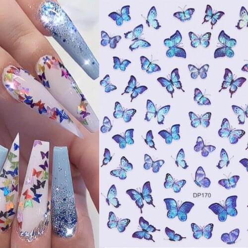 Spring 3D Blue Colorful Butterfly Nail Art Stickers Adhesive Sliders Gold Black Butterfly Transfer Decals Foils Wraps Decoration