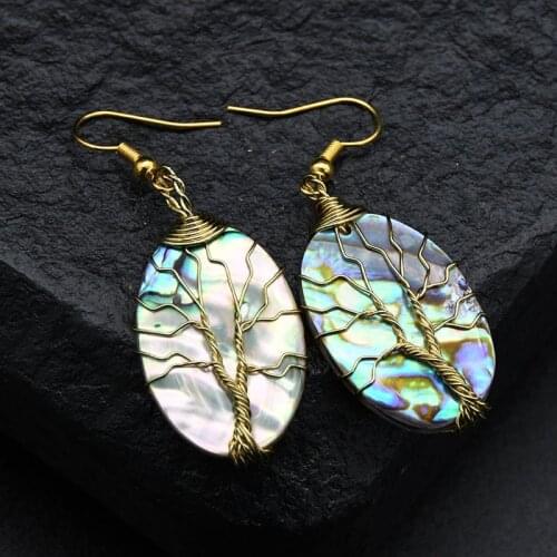 New Arrival Oval Shape Tree Of Life Handmade Gold Wire Wrapped Hook Earrings Fashion Women Dangle Earring