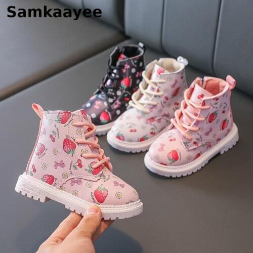 0-6y Children Boots Winter Girls Martin Sonw Boats Leather Strawberry Ankle Cotton Shoes Toddler Print Lace-Up Warm Sneakers 33