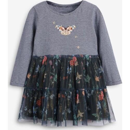 Frocks for Girl Autumn Toddler Clothes Striped Butterfly Casual Cotton Vestiods Flower Print Tulle Dress for Kids 2-7 Years