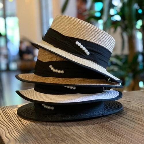 2021 Lady Boater Sun Caps Ribbon Round Flat Top Straw Fedora Panama Hat Summer Hats For Women Straw Hat Snapback Gorras Sun Hats