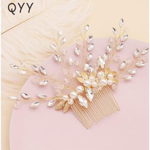 QYY Newest Rhinestone Leaf Wedding Hair Combs Gold Color Pearls Bridal Hair Ornaments Jewelry for Women Headpieces