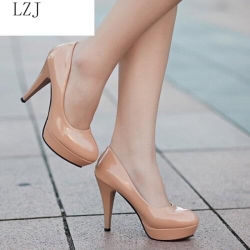 Women Pumps Fashion Classic Patent Leather High Heels Shoes Nude Sharp Head Paltform Wedding Women Dress Shoes Plus Size 34-42