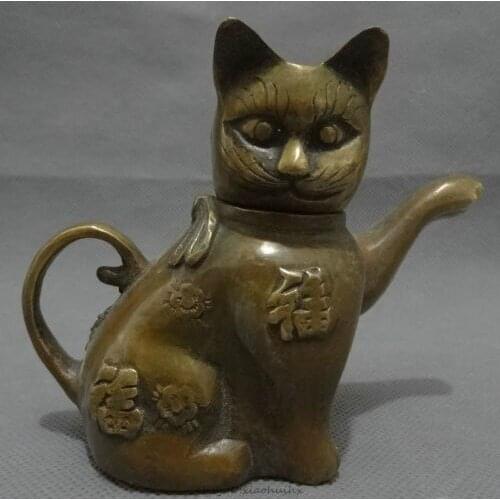 Folk Chinese Bronze Copper Fu Zi Flower ZhaoCai Cat Head Statue Wine Pot Teapot pair wholesale 2PCS copper Decoration real Brass