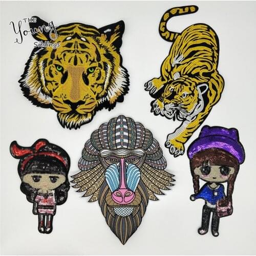 Hot sale Embroidery monkey tiger head iron on patches Decoration DIY Girl Applique Sequins stickers Clothing badge Accessories
