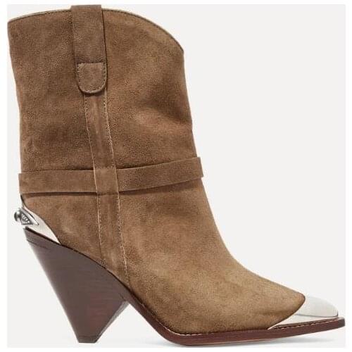 Runway Suede Lamsy Embellished Suede Ankle Boots Point-toe Cone Heel Metal Embellishments Shoes