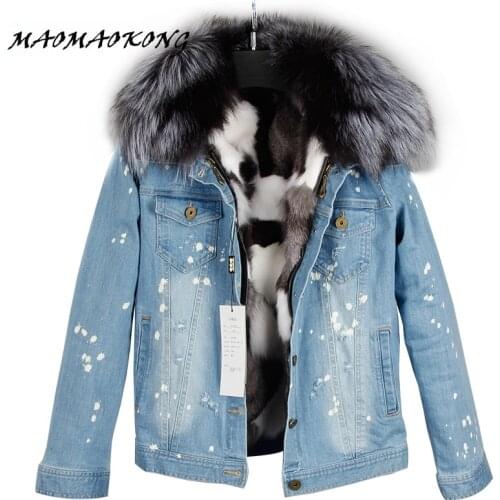 2017 Real Fox Fur Lining Denim Jacket Coat Parkas100% Large Raccoon Fur Collar Women Winter Coat Jacket Denim