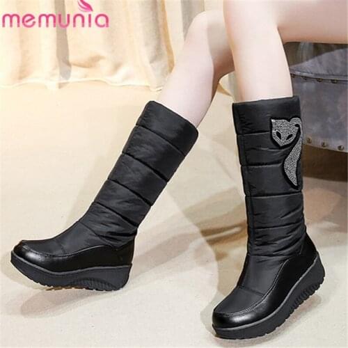 MEMUNIA 2020 Newest women mid calf boots pu +Down winter snow boots crystal slip on keep warm flat platform shoes woman