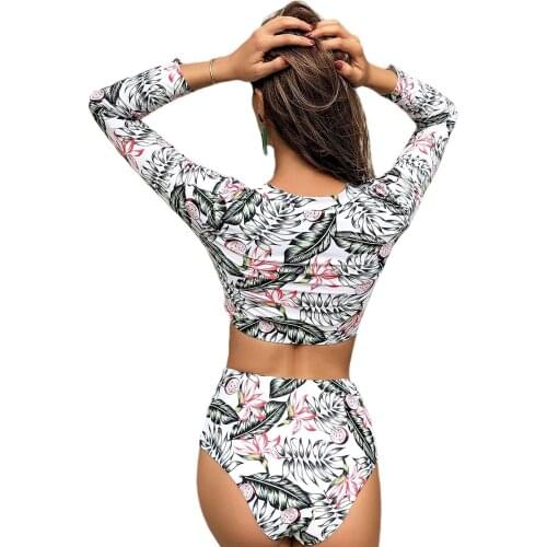 New 2 Pieces Bathing Suit Set, Female Floral Print Round Neck Long Sleeve Crop Tops And Bikini Panties for Summer 3 Styles