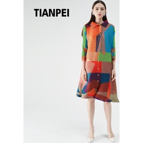 Miyake Pleated Women dresses summer 2020 cardigan button long sleeve dress lapel ladder texture loose vintage dress plus size