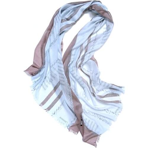 100%goat cashmere women fashion striped printed thin scarfs shawl pashmina sky blue 3color small tassel 70x200cm