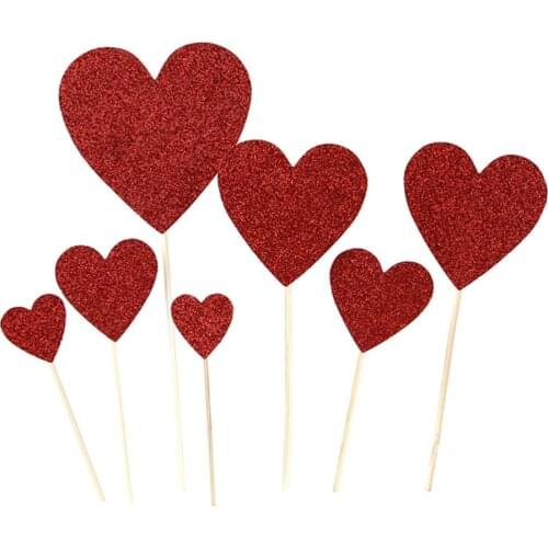 7pcs Heart Cupcake Toppers Wooden Glitter DIY Photo Props for Baby Shower Wedding Valentines Day Engagement