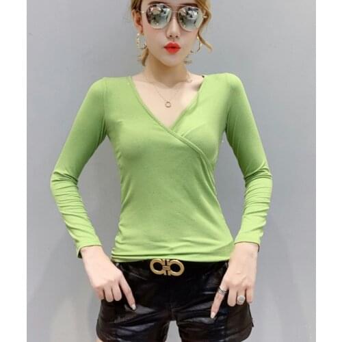 #8593 Shiny Knitted Cotton Wrap T Shirt Women V Neck Casual Basic T Shirt Long Sleeves Skinny Solid Color Tee Shirt Femme Sexy