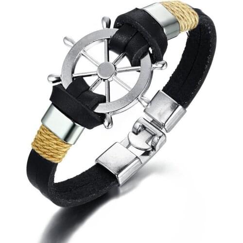 Rudder Design Men Bracelet Bangle Double Layer Leather Classic Vintage Daily Sport Sailing Jewelry