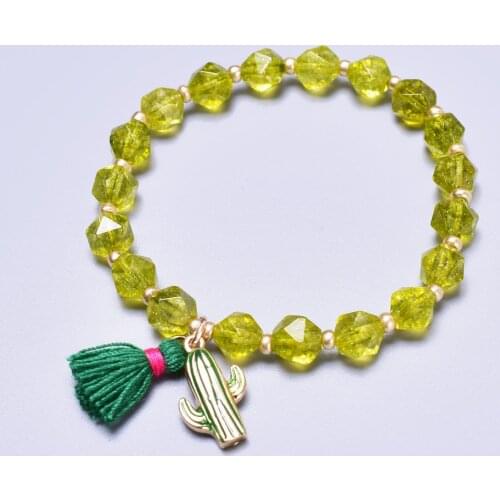 Cute Romantic Female Beaded Stretch Bracelet Peridot Crystal and Cactus Charm Tassel Bracelet For Women Boho Jewelry Green