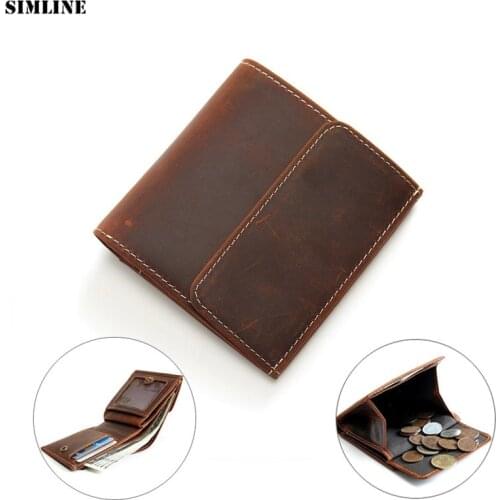 Brand 100% Genuine Leather Men Wallet Crazy Horse Vintage Handmade Short Bifold Wallets Male Purse Card Holder With Coin Pocket