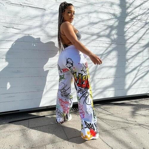 Hirigin Harajuku Wide Leg Painting Printed Trousers 2021 High Waist Leisure Loose Cotton Summer Casual Gothic Streetwear Pants