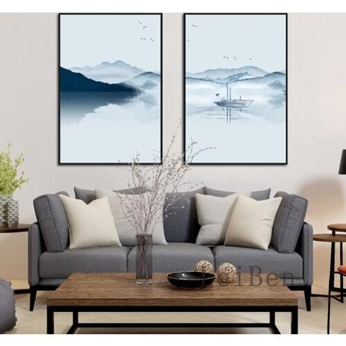Elegant Ink Painting Small Boat Pan River Beautiful Scenery Poster Canvas Painting Prints For Living Room Bedroom Study Decor