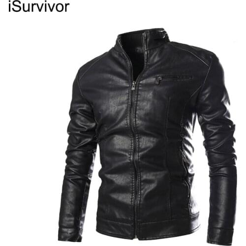 ISurvivor 2021 High-Grade Washed Stand Collar Mens Motorcycle Leather Jacket Plus Size Men Motor Outwear Jackets Men