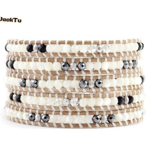 JTJACKTU mixed pearl hematite stone wrap bracelet on beige leather