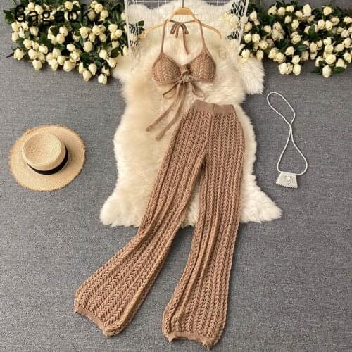Gagaok Two Piece Set Women 2021 Summer New Beach Style Fashion Sexy Knitted Outfits Sleeveless Navel Tops + Wild Solid Pants