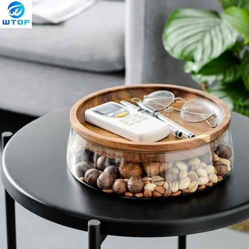 Creative Glass Nuts and Dry Fruits Storage Box Container Double Layer Candy Storage Box with Wooden Lid for Home Kitchen Supply